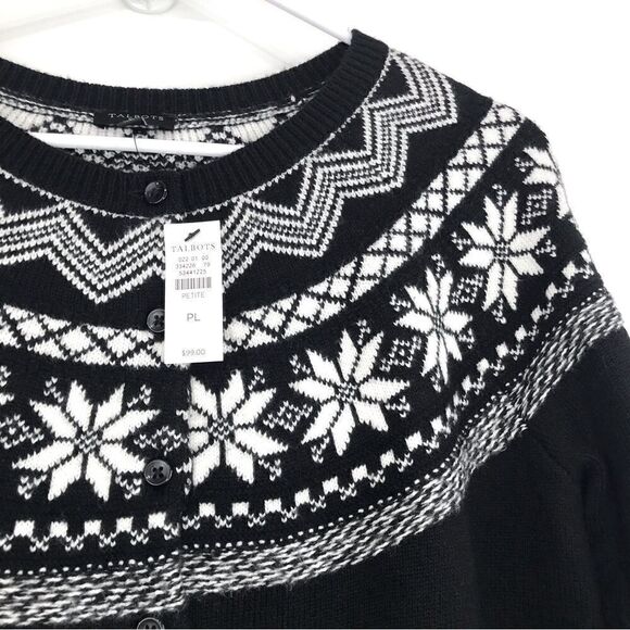Talbots NEW Black Cardigan Sweater with White Nordic Snowflake Pattern - Picture 7 of 11